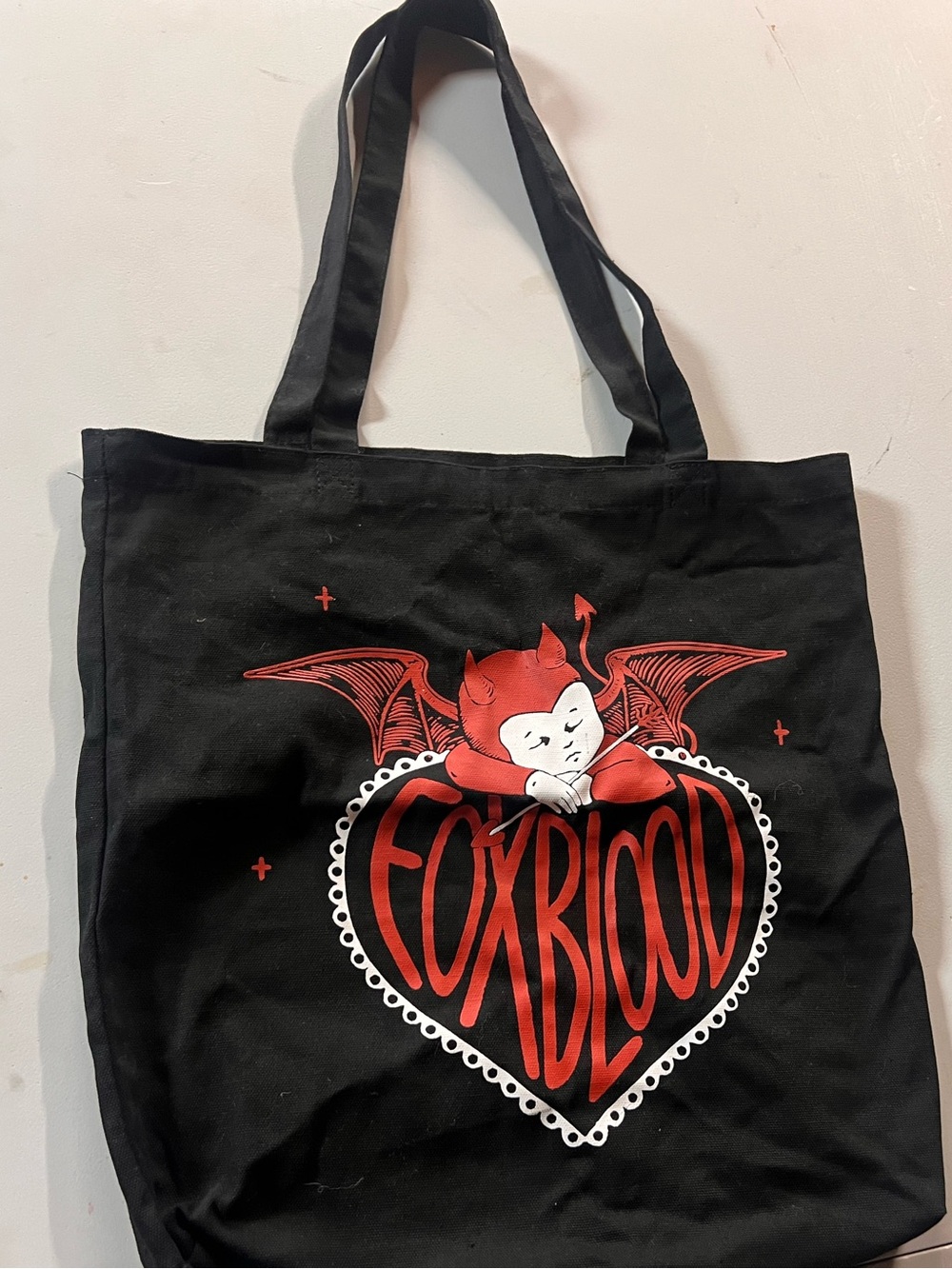 Black Canvas Tote with Red Devil Heart Graphic